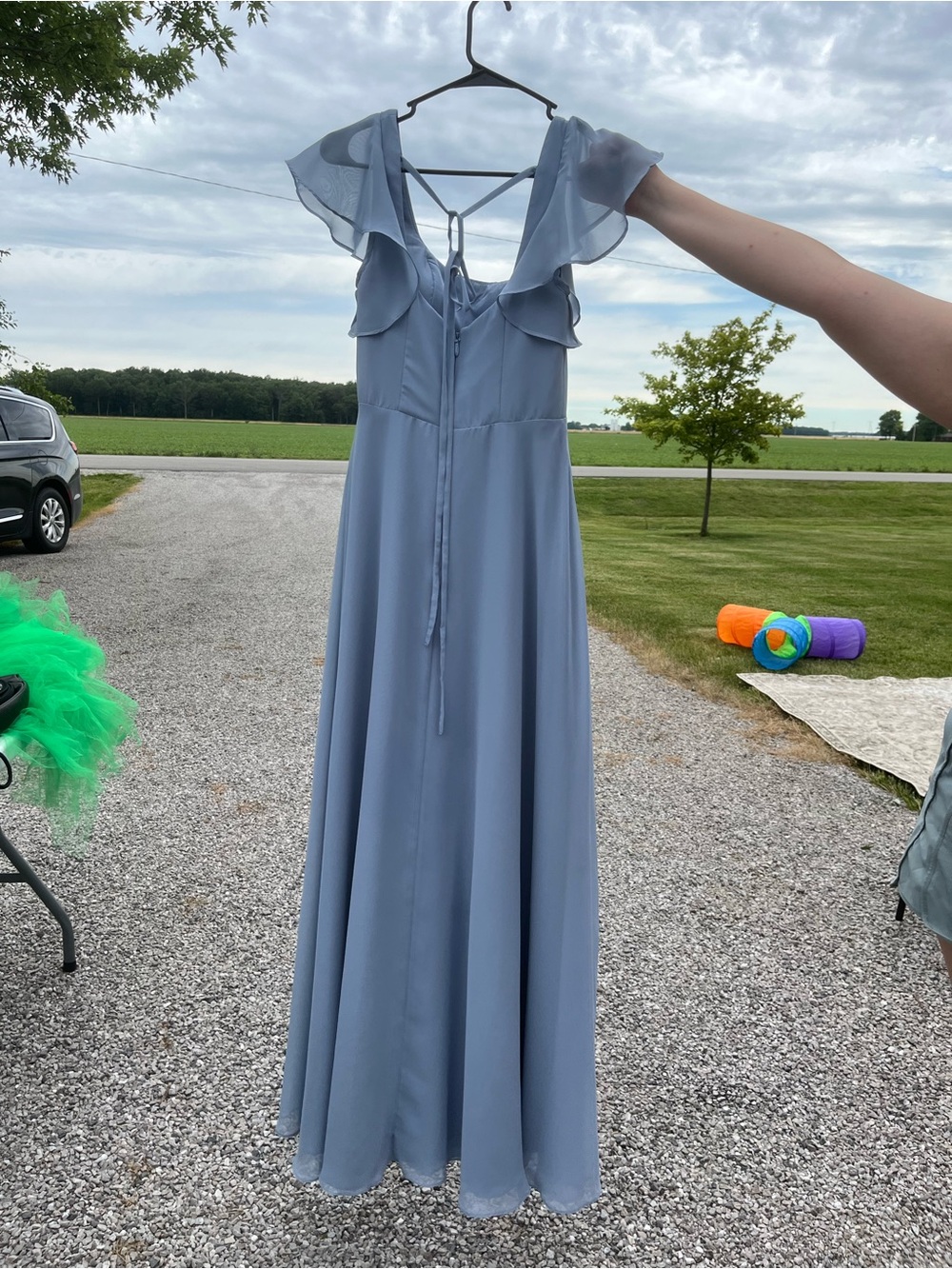 Azazie Light Blue Ruffle-Shoulder Maxi Dress Size 2 Chiffon